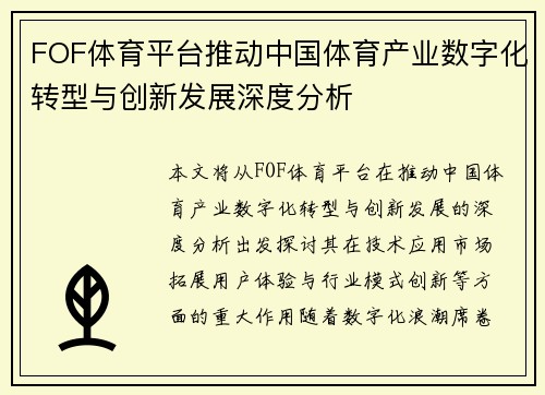 FOF体育平台推动中国体育产业数字化转型与创新发展深度分析