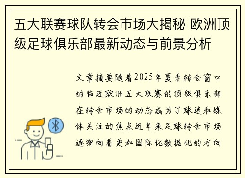 五大联赛球队转会市场大揭秘 欧洲顶级足球俱乐部最新动态与前景分析